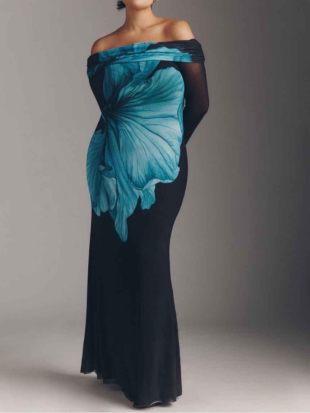 AFRM Long-Sleeve Off-The-Shoulder Black and Blue Floral Mesh Maxi Dress Elegant